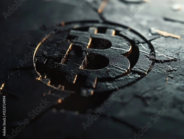 Fototapeta Close-up of a Bitcoin symbol carved into dark stone, symbolizing cryptocurrency's permanence and value.