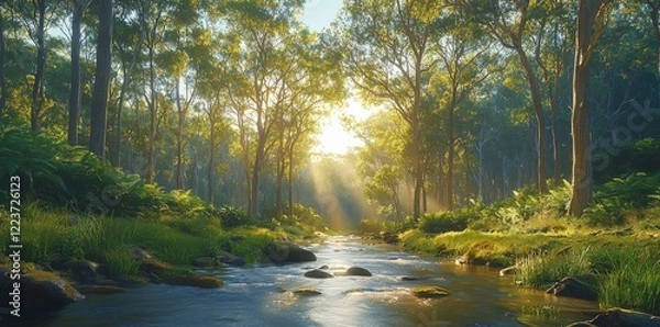 Fototapeta Calm imagery of a river meandering through a verdant landscape, dotted with green trees and pristine water, ideal for showcasing the tranquility of forest parks
