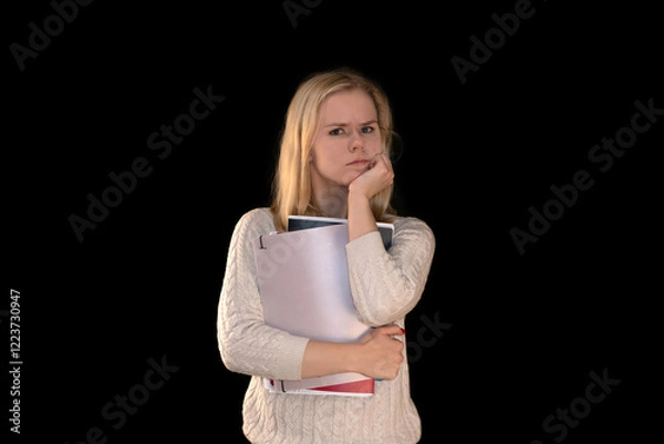 Obraz Concerned Student Holding Notebooks on Black Background