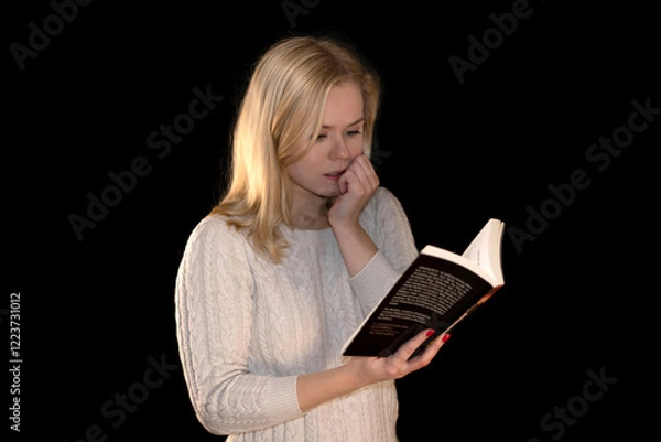 Obraz Focused Woman Reading a Book in Thoughtful Mood