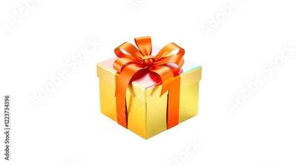Obraz bright yellow gift box with a red satin ribbon tied into a bow, sitting on a smooth white surface