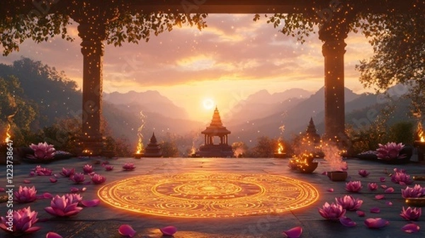 Fototapeta Indian Garden with Zen Meditation Area, Mandala Patterns, Lotus Petals, Incense Smoke overlooking a Small Temple at Sunset. Copy space. Generative AI 