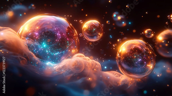 Fototapeta Iridescent bubbles floating in luminous space, cosmic wonder