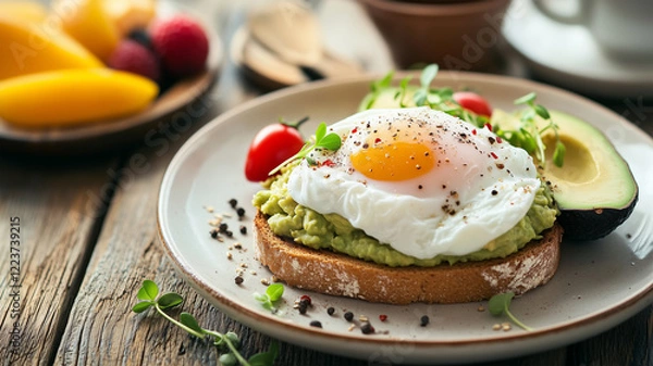 Fototapeta アボカドとポーチドエッグが乗ったトーストのヘルシーブレックファスト