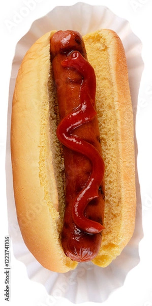 Fototapeta Hot Dog in bun with Ketchup on a white paper tray