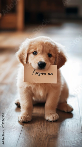 Obraz Cute golden labrador puppy with nice eyes, sitting on a wooden floor, holding a small sign in its mouth that says "Forgive me". Perfect expression of guilt and cuteness combined with retriever.