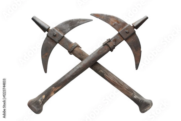 Fototapeta Vintage cross-axes on display, showcasing intricate metalwork and historical craftsmanship in a minimalist setting isolated on transparent background