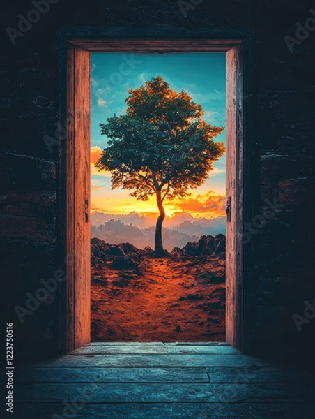 Fototapeta Sunset vista: solitary tree viewed through open doorway.