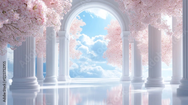 Fototapeta 桜が彩る白いアーチと青空