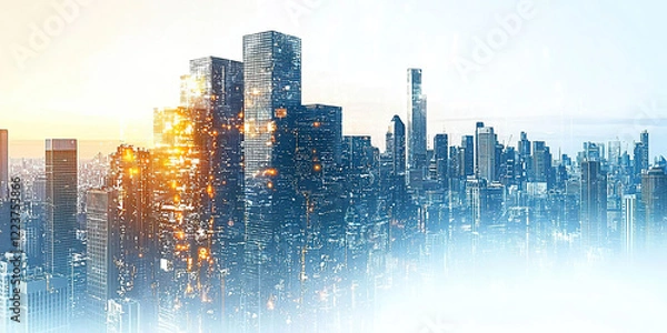 Fototapeta Futuristic urban landscape with light effects and warm reflections in blue and gold tones. Generated with AI.