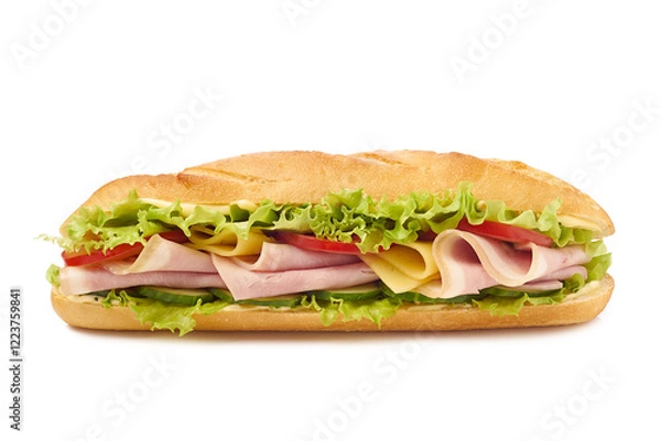 Obraz Delicious baguette sandwich with slices of ham, cheese, lettuce and ripe vegetables on a white background.