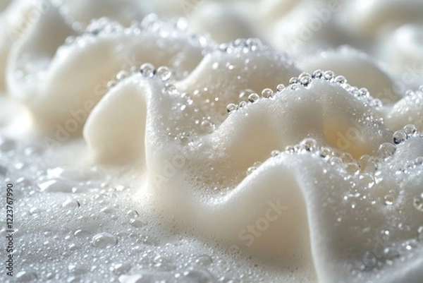 Fototapeta White foam bubbles and water droplets texture abstract background