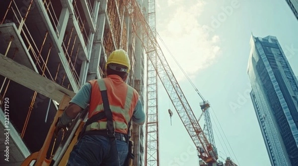 Fototapeta A close-up of a crane operator in a high-rise construction site, Crane operation scene, Precision handling style