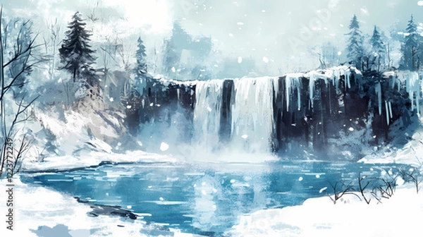 Obraz Waterfall in a lagoon surrounded by snow. Winter Lagoon. Illustration