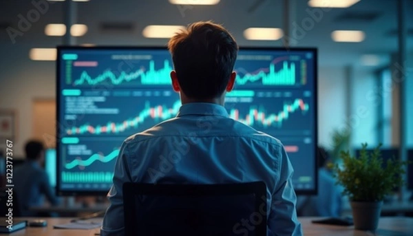 Fototapeta Businessman reviews financial data on multiple computer screens in modern office. Focuses on market insights, financial details. Looks at account forecasts, cash flow. Analyzing business progress.