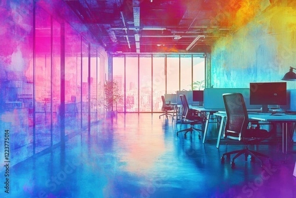 Fototapeta Vibrant office background in neon watercolor with high depth perception