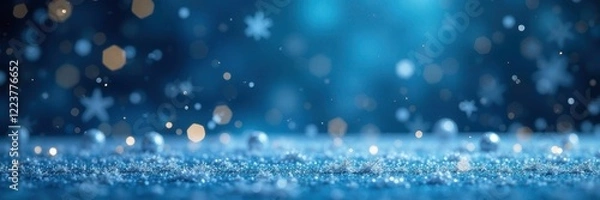 Fototapeta Snowflakes falling on a decorated blue Christmas table, frosty, xmas, blue