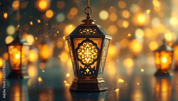 Fototapeta Ornate Lanterns Glow Brightly Against A Blurred Background
