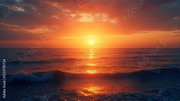 Obraz A golden sunset over the ocean with shimmering reflections on the water, transitioning from fiery orange to soft purple and blue hues.