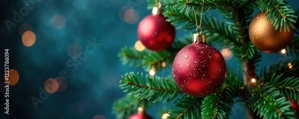 Obraz Colorful Christmas tree ornaments hanging from a blue fabric bundle, tree, blue