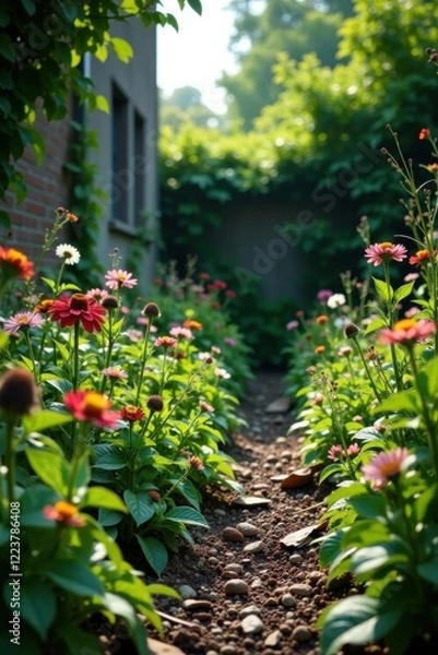 Fototapeta Abandoned garden with dead flowers and overgrown weeds, grunge, decayed
