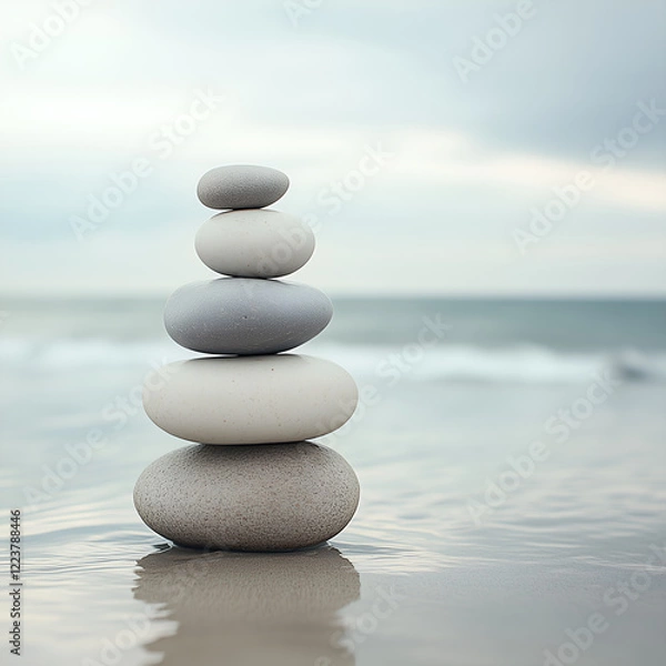 Fototapeta Meditation Stone Stack Against Ocean Horizon