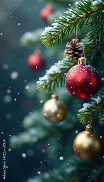 Fototapeta Snowflakes gently fall onto a fir branch adorned with shiny Christmas ornaments, pinecone, snowflake, holiday