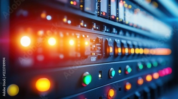 Fototapeta A close-up of a programmable logic controller with inputoutput indicator lights.