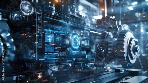 Fototapeta An edge computing interface displayed prominently on a factory machine with bright screens and blinking lights set against a backdrop of large gears and mechanical elements in collaboration.