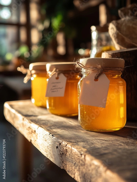 Fototapeta In a warm and inviting shop, artisanal honey jars gleam under soft light