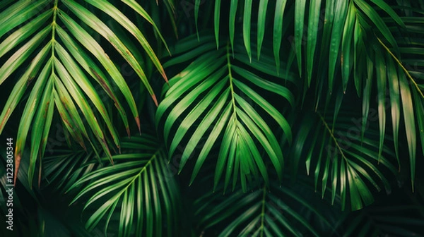 Fototapeta Lush green palm leaves create vibrant tropical backdrop, showcasing nature beauty and tranquility. interplay of light and shadow enhances rich textures and colors