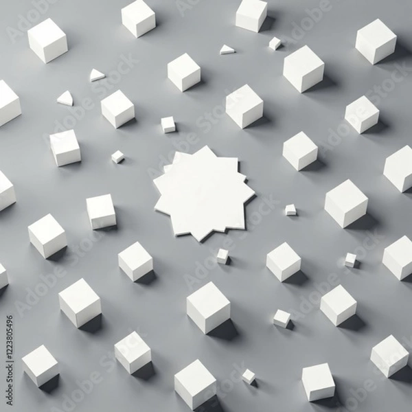 Fototapeta Shattered white cube boxes scattered on gray background with blank area , cube, abstract