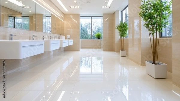 Fototapeta Modern office restroom with sinks, plants, and window view