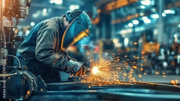 Fototapeta A close-up of a factory worker in protective gear welding parts for heavy machinery, with sparks flying in a busy industrial environment, Heavy machinery workshop scene