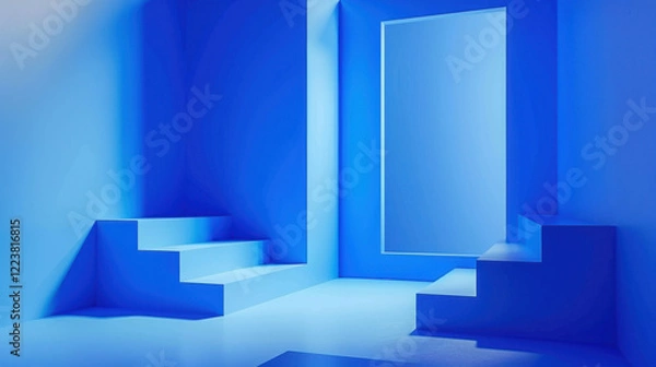 Fototapeta modern blue interior with stairs and framed mirror creates serene atmosphere. minimalist design emphasizes clean lines and vibrant color, inviting exploration