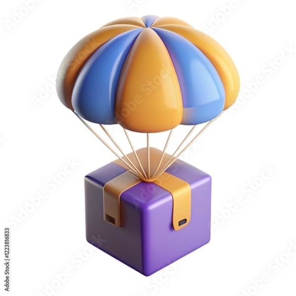 Obraz 3d Cardboard box with flying parachute icon. Minimal Parcel box or shipment package with hot air balloon. Cargo delivery service, Online Shopping concept on isolated blue purple background. 3d render