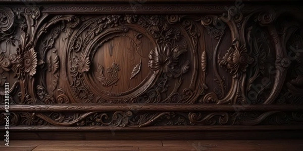 Fototapeta Dark wood background with intricate carvings and mysterious ambiance,  dimly lit,  ambiance,  carvings