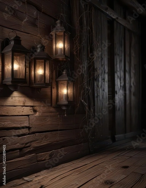 Fototapeta Dark wood planks with old lanterns and cobwebs on the wall,  dimly lit, dark wood,  rustic elements