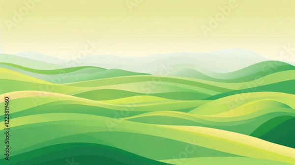 Fototapeta Lush green hills create serene landscape, showcasing gentle curves and gradients in various shades of green. This tranquil scene evokes sense of peace and harmony