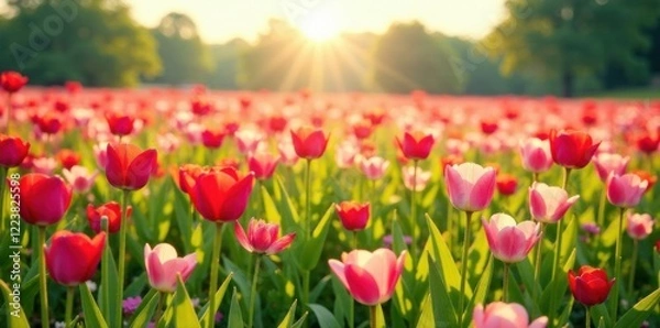 Fototapeta Petal-filled fields with vibrant blooms and soft sunlight filtering through, spring, colorful, garden