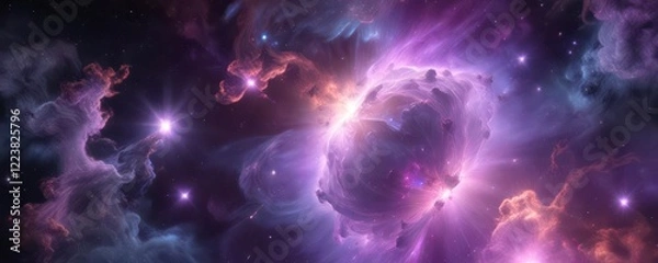 Fototapeta Soft glowing nebula with holographic texture and swirling purple gases,  glowing,  cosmos