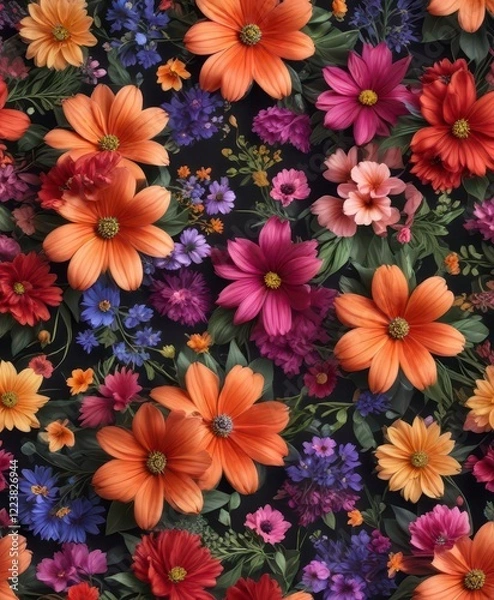 Fototapeta Seamless repeating pattern of vibrant flowers in a swirling motion, evoking a sense of energy and movement ,  retro,  art