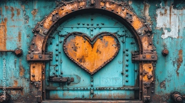 Fototapeta Rusty heart-shaped metal detail on a weathered turquoise door.  A unique industrial texture and symbol of love.
