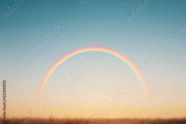 Fototapeta A vibrant rainbow arches over a serene landscape at sunset, casting colorful hues in the sky