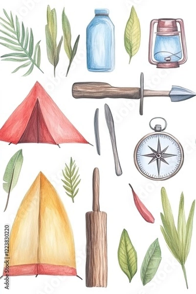 Fototapeta Colorful camping elements including tents, tools, and nature items arranged on a white background