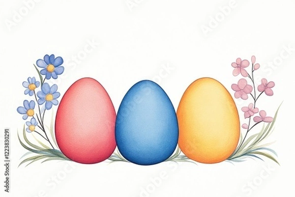 Fototapeta Colorful Easter eggs in a floral arrangement, symbolizing spring and renewal, ideal for festive themes