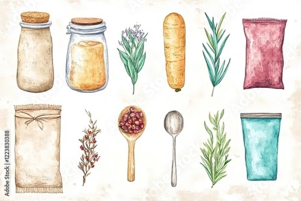 Fototapeta A collection of colorful jars and herbs arranged artistically on a textured background