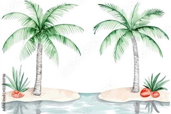 Fototapeta Serene tropical scene featuring palm trees and a tranquil waterway with sandy shores