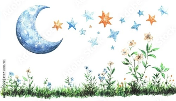 Fototapeta A whimsical night scene featuring a crescent moon and colorful stars above a blooming garden