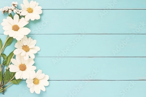 Fototapeta Fresh white daisies arranged on a light blue wooden background, creating a vibrant, cheerful atmosphere
